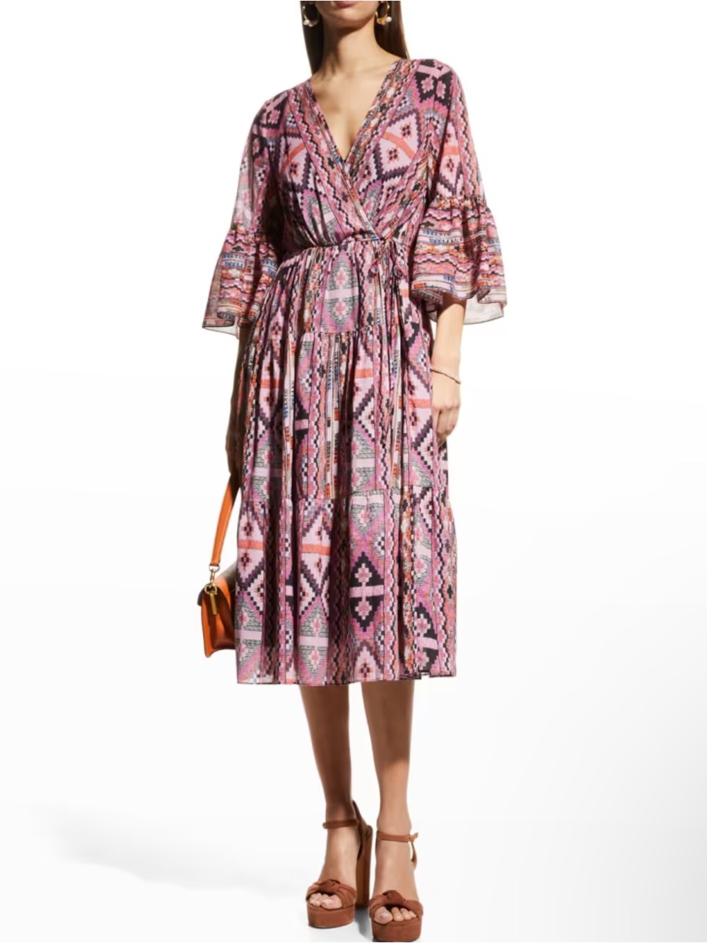 Kobi Halperin Rosa Printed Midi Dress XL Pink Geometric Boho Cotton Wrap Belted